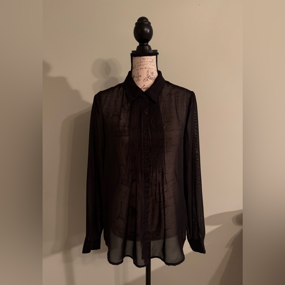 Iris Basic Sheer Black Button Down Pleated Blouse Long Sleeve Women’s Size L